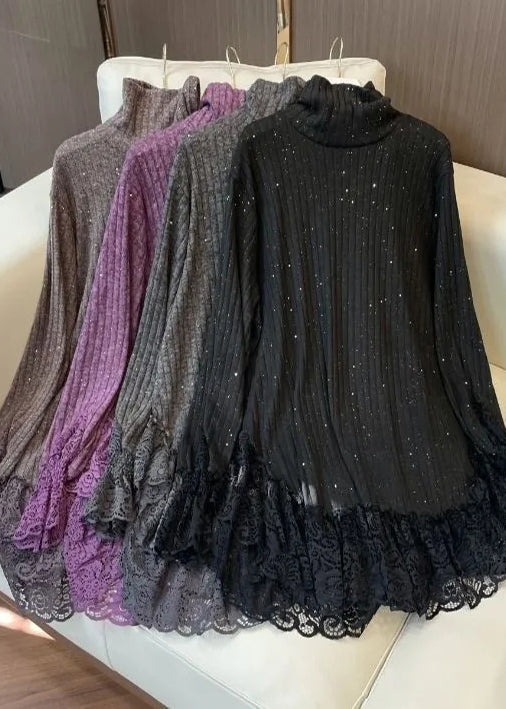 Simple Black Sequins Patchwork Lace Knit Pullover Spring