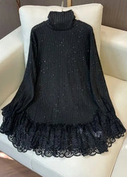 Simple Black Sequins Patchwork Lace Knit Pullover Spring