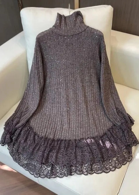 Simple Black Sequins Patchwork Lace Knit Pullover Spring