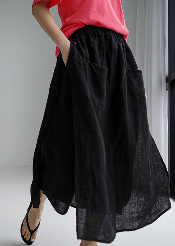 Simple Black Side Open Linen Pants Skirt Summer