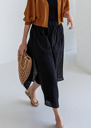 Simple Black Side Open Linen Pants Skirt Summer