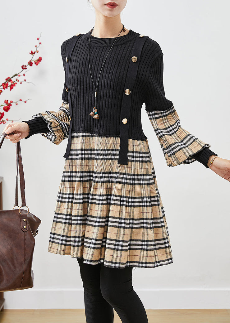 Simple Black Slim Fit Patchwork Plaid Knit Dresses Lantern Sleeve