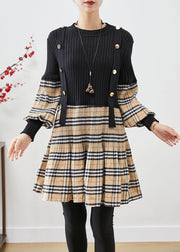 Simple Black Slim Fit Patchwork Plaid Knit Dresses Lantern Sleeve