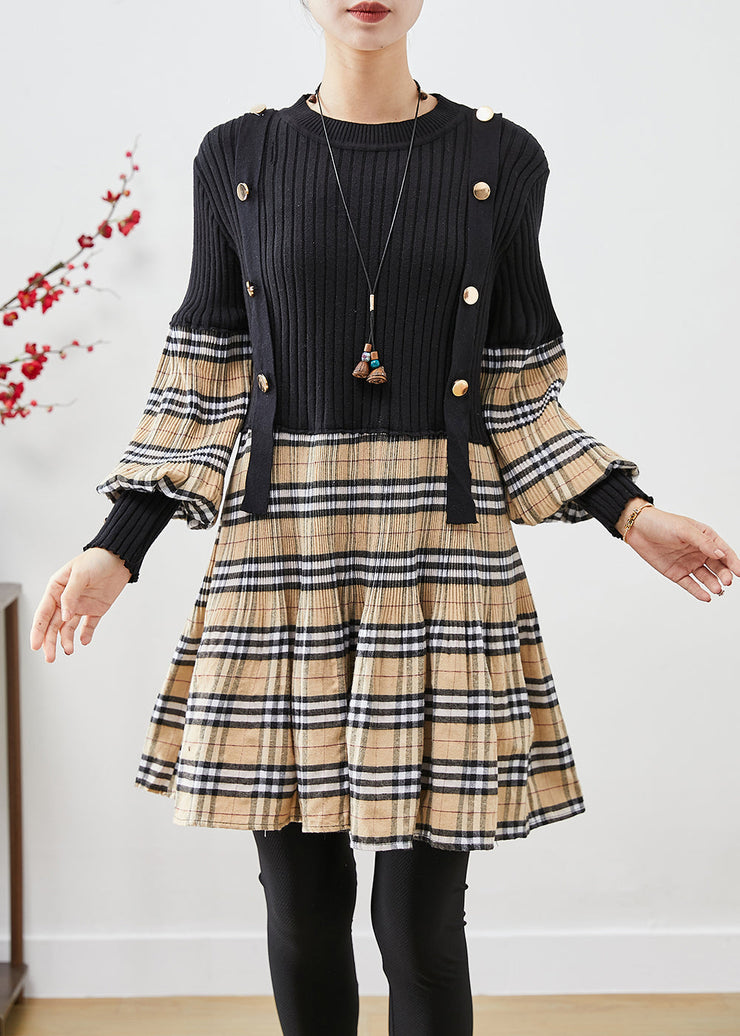 Simple Black Slim Fit Patchwork Plaid Knit Dresses Lantern Sleeve