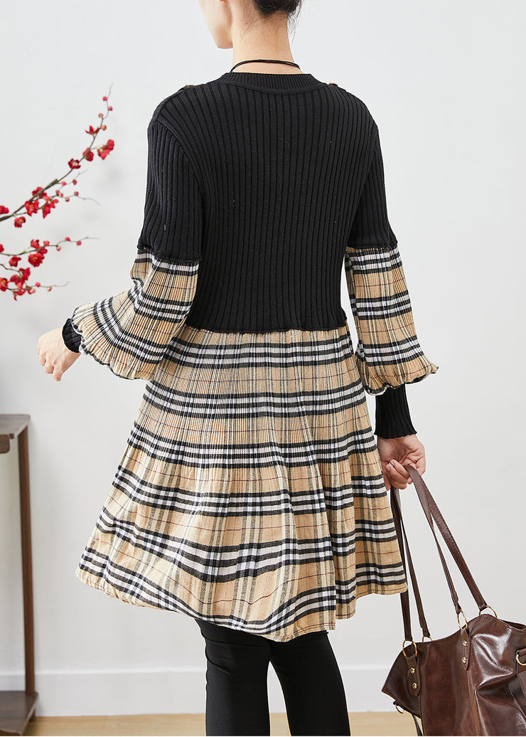 Simple Black Slim Fit Patchwork Plaid Knit Dresses Lantern Sleeve