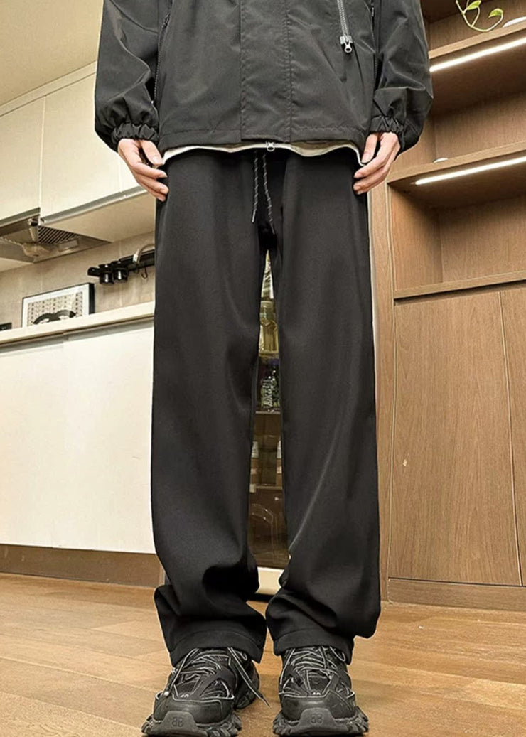 Simple Black Solid Elastic Waist Warm Fleece Men Pants Spring