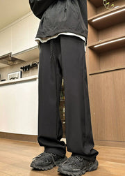 Simple Black Solid Elastic Waist Warm Fleece Men Pants Spring