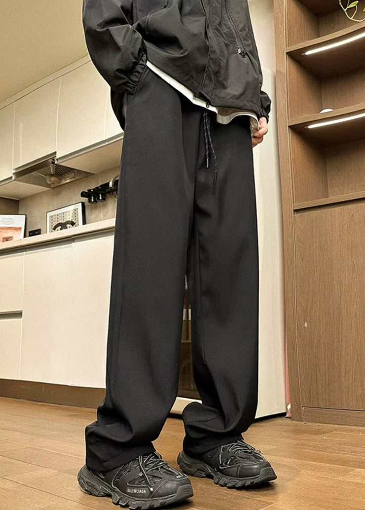 Simple Black Solid Elastic Waist Warm Fleece Men Pants Spring