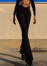 Simple Black Solid High Waist Cotton Flared Trousers Spring