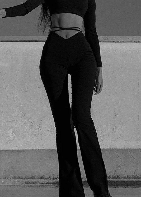 Simple Black Solid High Waist Cotton Flared Trousers Spring