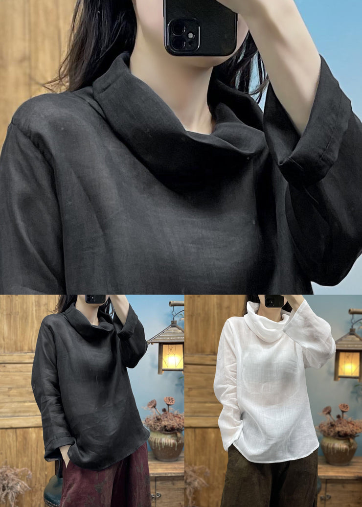 Simple Black Solid Turtleneck Cotton Top Spring