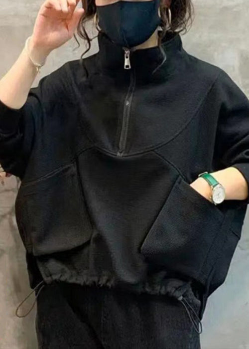 Simple Black Stand Collar Drawstring Pockets Warm Fleece Top Fall