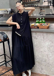 Simple Black Stand Collar Patchwork Wrinkled Cotton Dress Sleeveless