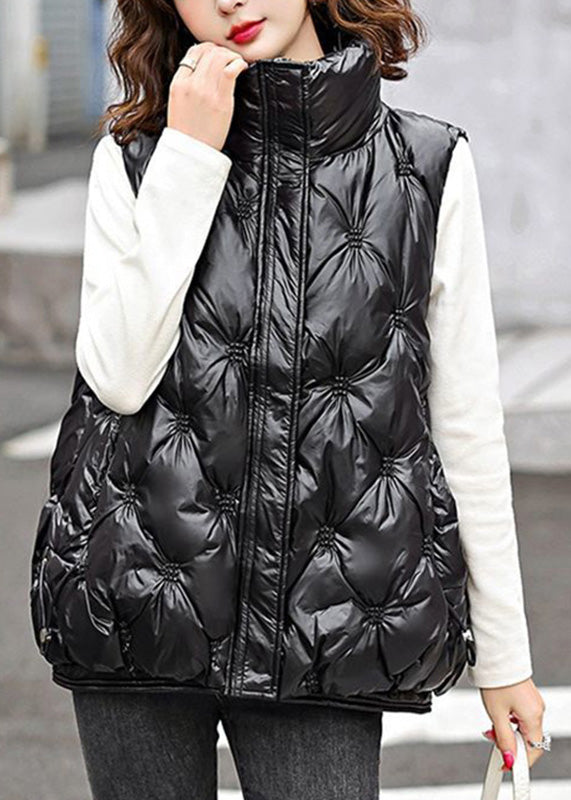 Simple Black Stand Collar Pockets Fine Cotton Filled Waistcoat Winter