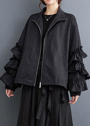 Simple Black Stand Collar Ruffled Patchwork Drawstring Zippered Coats Fall