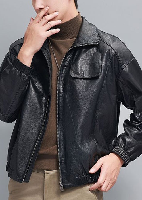 Simple Black Stand Collar Zip Up Faux Leather Mens Coats Spring