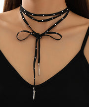 Simple Black Sterling Silver Faux Suede Zircon Ribbon Choker