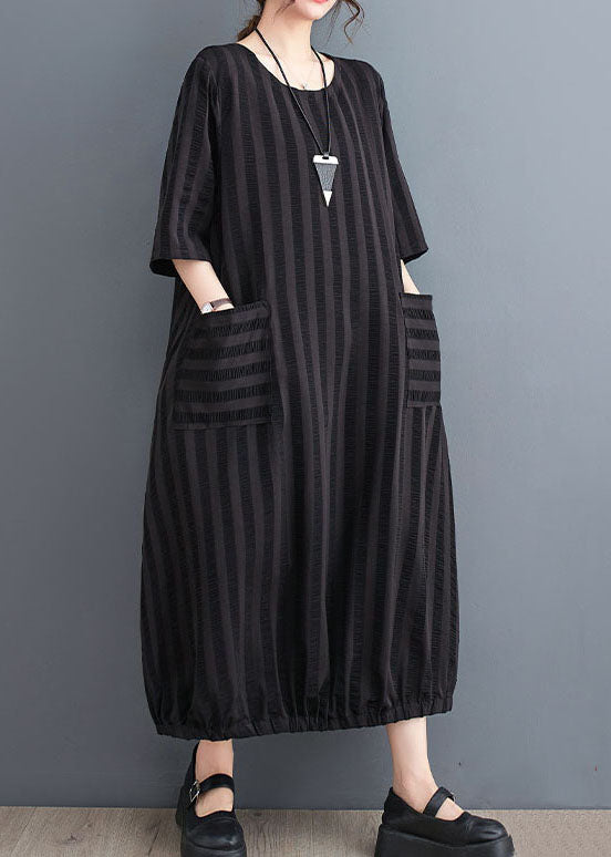 Simple Black Striped Pockets Patchwork Cotton Dresses Summer