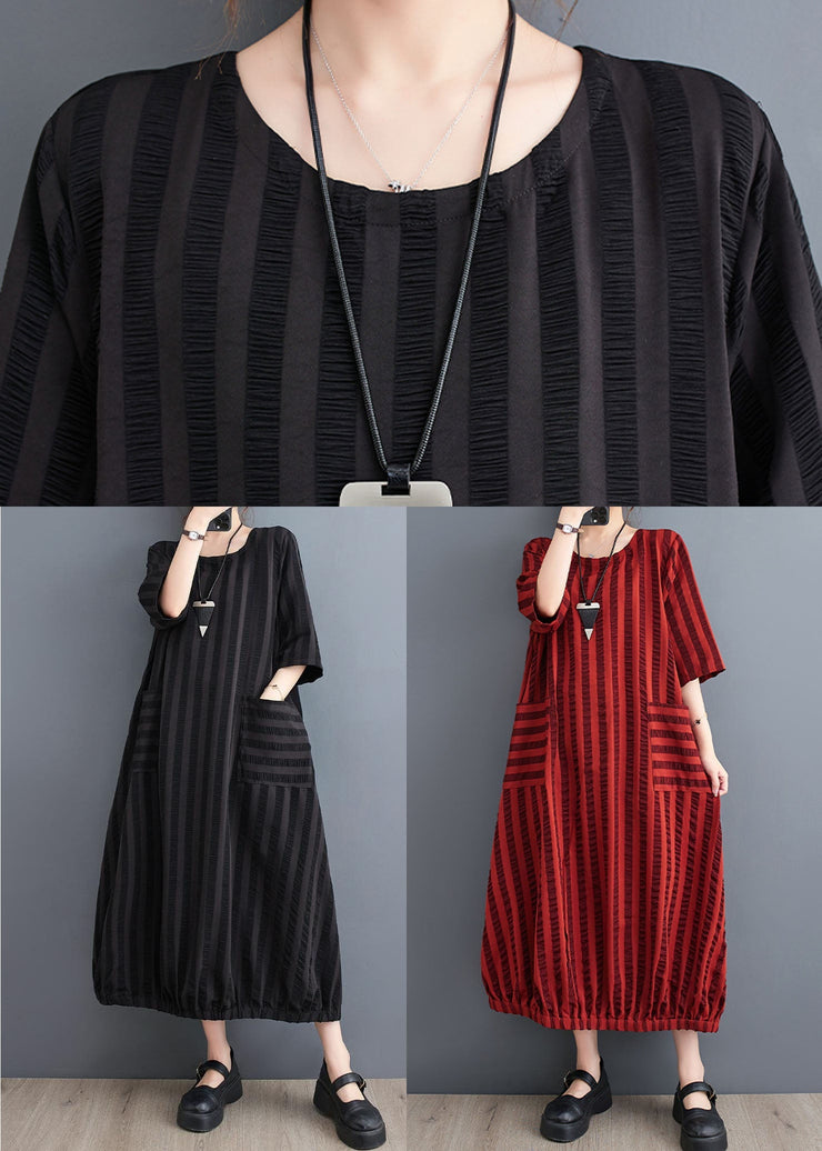 Simple Black Striped Pockets Patchwork Cotton Dresses Summer