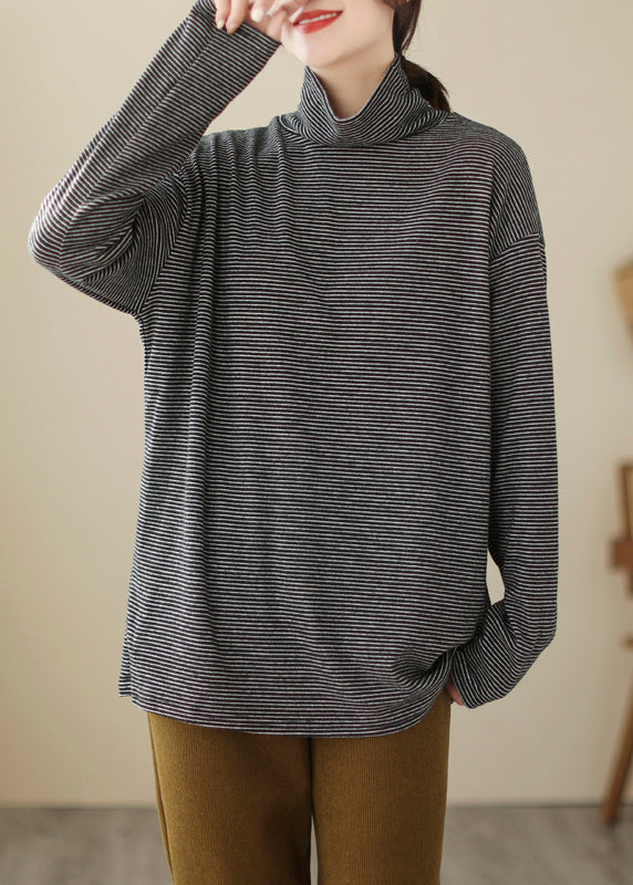 Simple Black Striped Turtleneck Thick Tops Long Sleeve