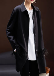 Simple Black Tasseled Button Patchwork Cotton Coats Long Sleeve