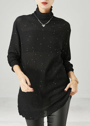 Simple Black Turtle Neck Sequins Cotton Shirt Spring