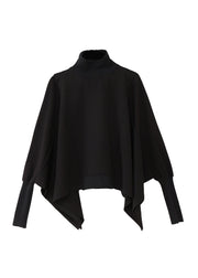 Simple Black Turtleneck Patchwork Top Batwing Sleeve