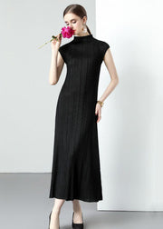 Simple Black Turtleneck Wrinkled Patchwork Chiffon Long Dresses Sleeveless