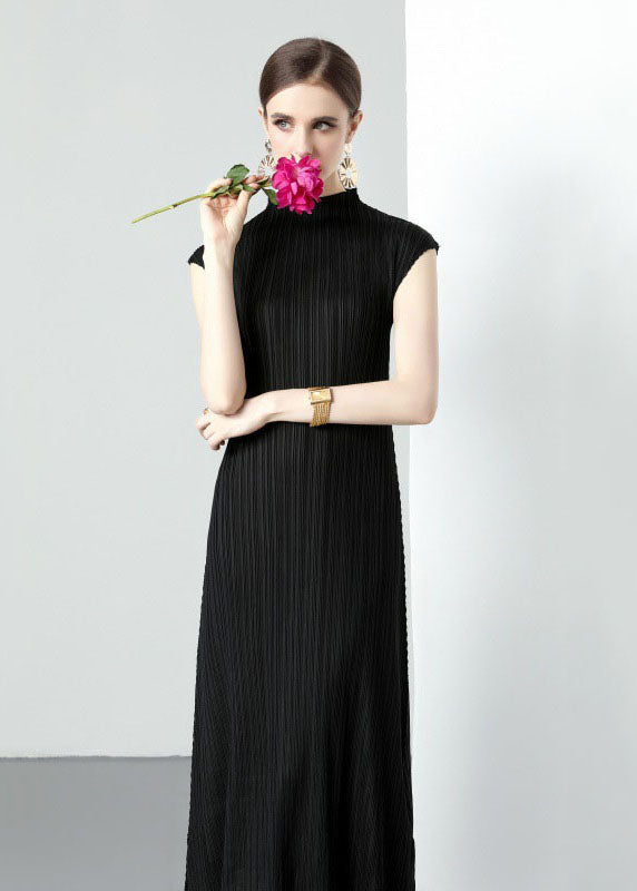 Simple Black Turtleneck Wrinkled Patchwork Chiffon Long Dresses Sleeveless