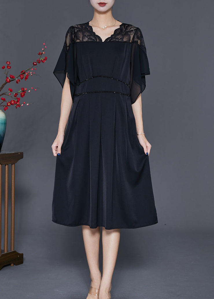 Simple Black V Neck Patchwork Chiffon Vacation Dresses Summer