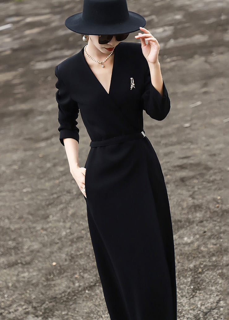 Simple Black V Neck Pockets Side Open Spandex Long Dress Fall