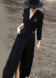 Simple Black V Neck Pockets Side Open Spandex Long Dress Fall