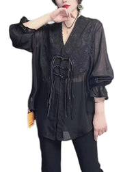 Simple Black V Neck Solid Chiffon Shirts Fall