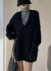 Simple Black V Neck Solid Knit Sets 2 Pieces Winte