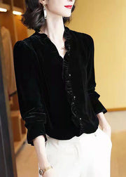 Simple Black V Neck Solid Ruffled Velour Top Long Sleeve