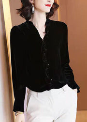 Simple Black V Neck Solid Ruffled Velour Top Long Sleeve