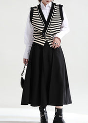 Simple Black V Neck Striped Knit Vests Winter