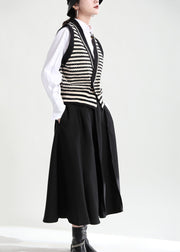 Simple Black V Neck Striped Knit Vests Winter