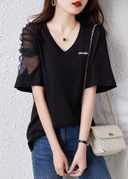 Simple Black V Neck Tulle Patchwork Cotton T Shirt Top Summer