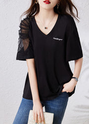 Simple Black V Neck Tulle Patchwork Cotton T Shirt Top Summer