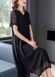 Simple Black V Neck Wrinkled Patchwork Lace Dresses Summer