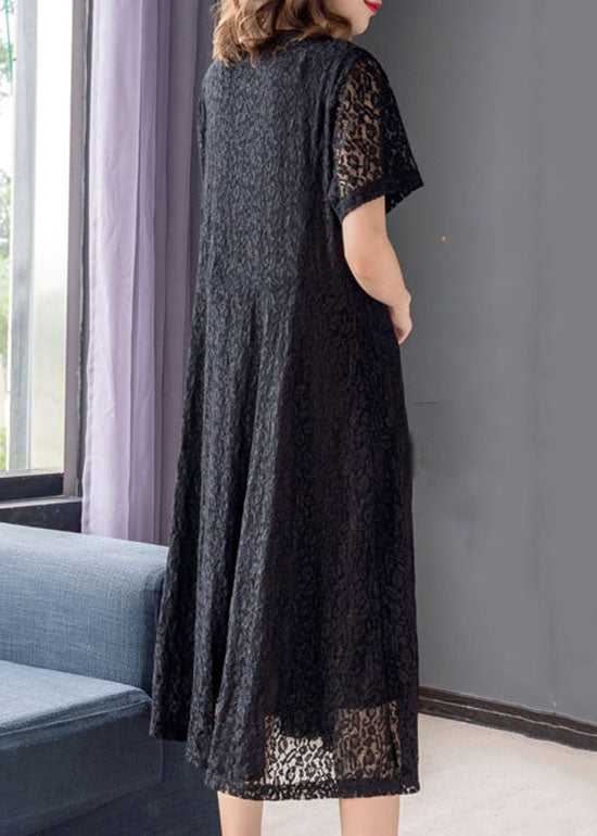 Simple Black V Neck Wrinkled Patchwork Lace Dresses Summer