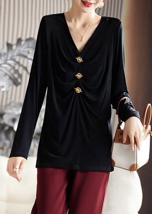 Simple Black V Neck Wrinkled Silk Velour Blouses Spring