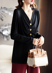 Simple Black V Neck Wrinkled Silk Velour Blouses Spring