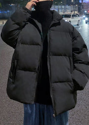 Simple Black Zip Up Pockets Solid Men Parka Winter