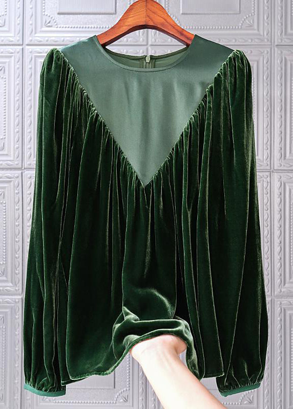 Simple Blackish Green O Neck Wrinkled Patchwork Silk Velour Top Fall