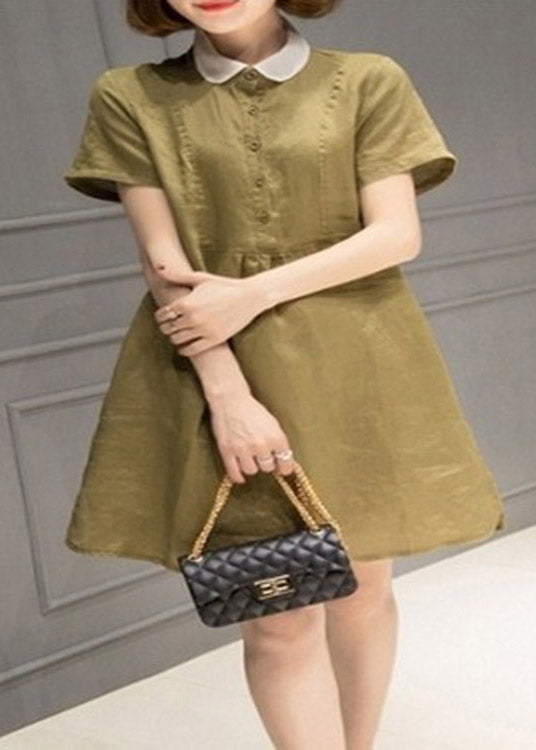 Simple Blackish Green Peter Pan Collar Button Linen Mid Dress Short Sleeve