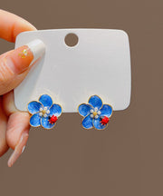 Simple Blue Alloy Pearl Oil Drip Floral Seven Starred Ladybird Stud Earrings