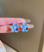 Simple Blue Alloy Pearl Oil Drip Floral Seven Starred Ladybird Stud Earrings