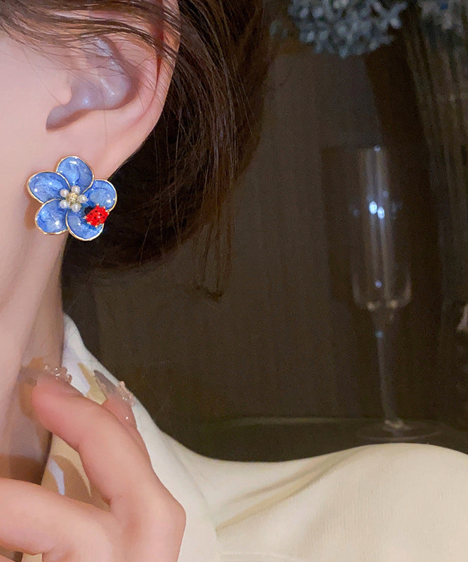 Simple Blue Alloy Pearl Oil Drip Floral Seven Starred Ladybird Stud Earrings